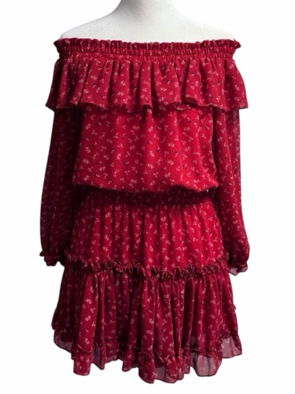 MISA Darla Red Floral Off Shoulder Smocked Ruffle Mini Dress L - Picture 8 of 11